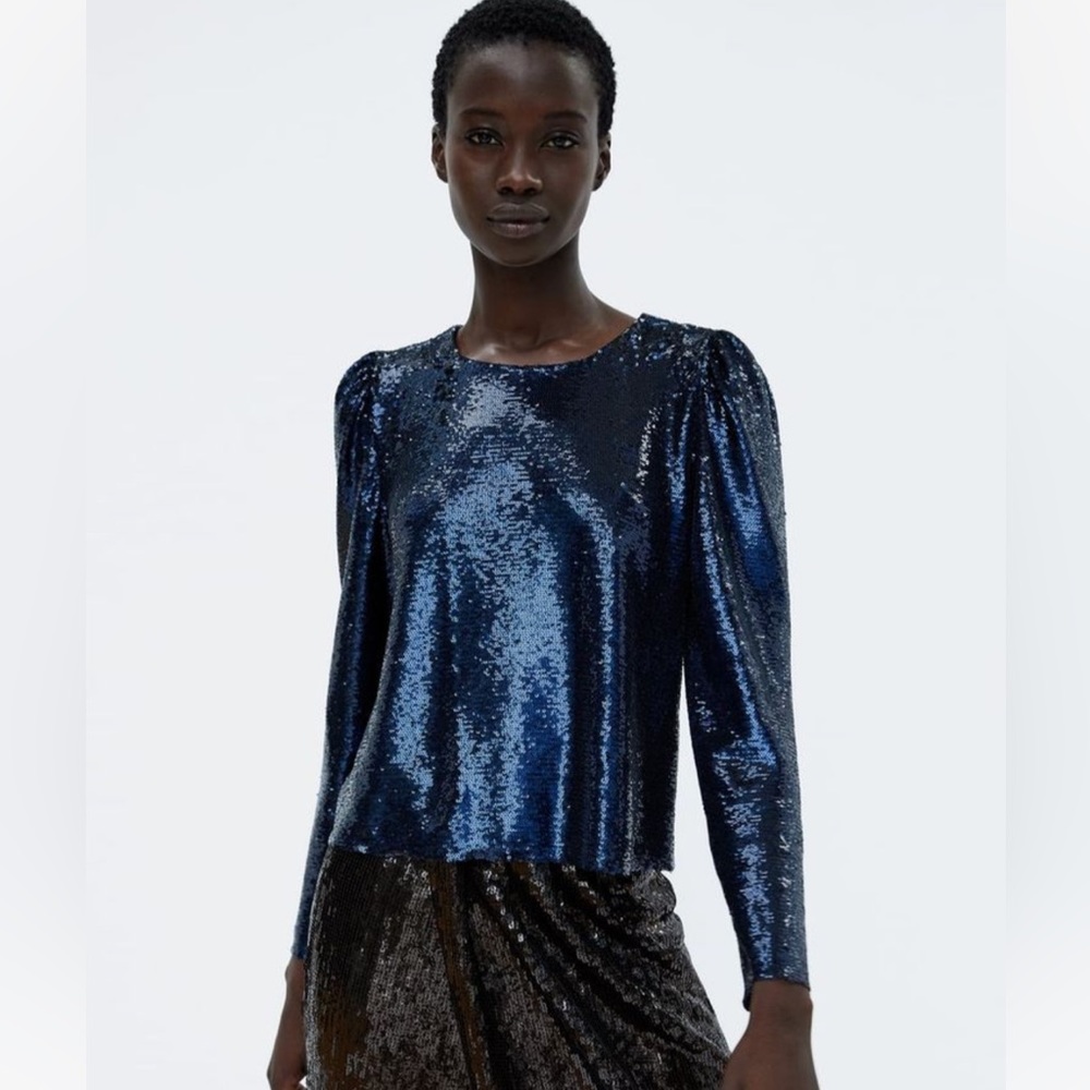 ZARA Blue sequin embellished long sleeve evening top party going out blouse - Picture 3 of 13